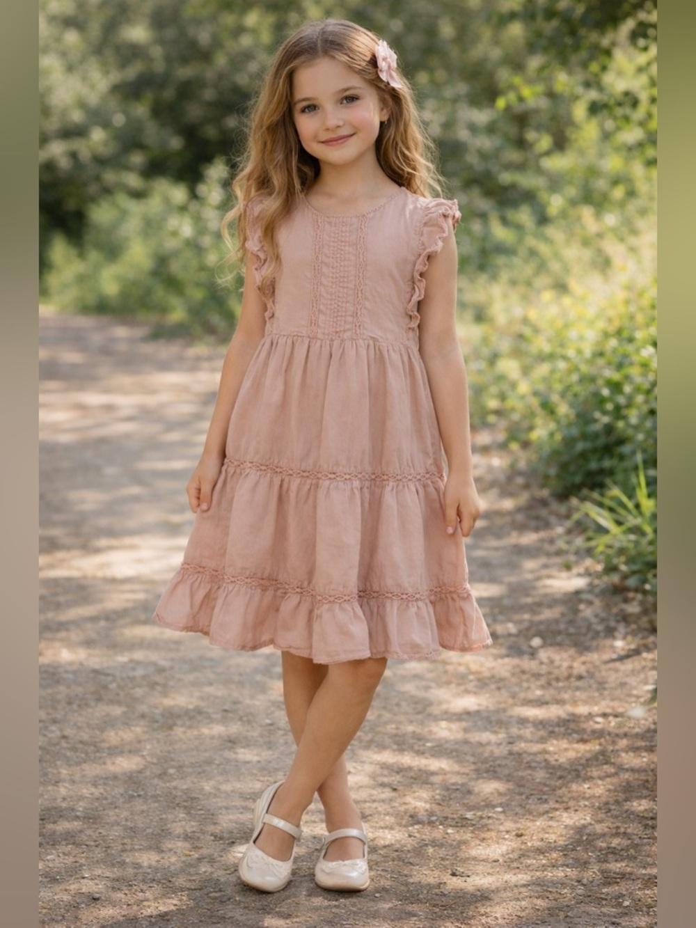 H&M Girls Size 7/8 Blush Pink Ruffle Tier Bohemian Prairie Fairy Peasant Dress